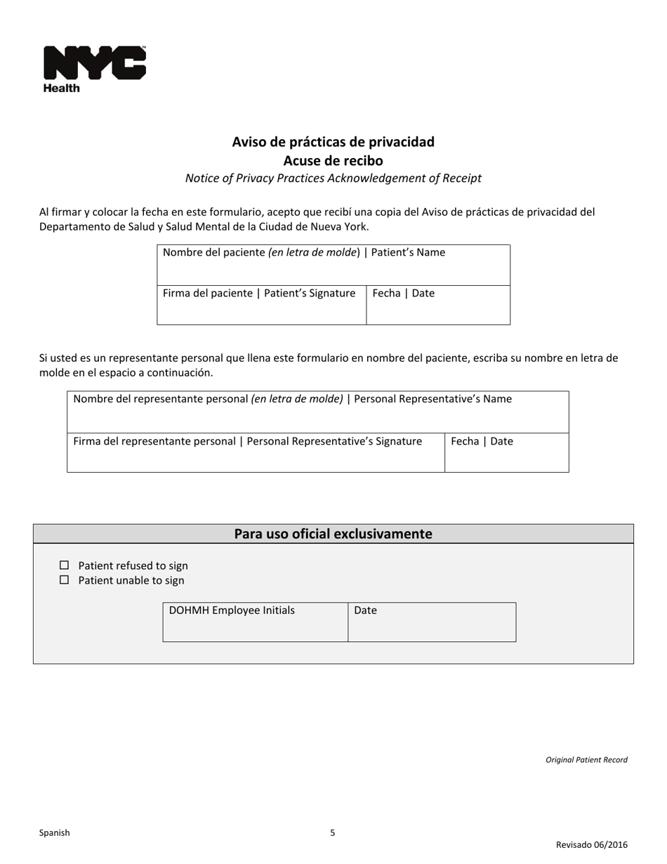 Aviso De Practicas De Privacidad Acuse De Recibo - New York City (Spanish), Page 5