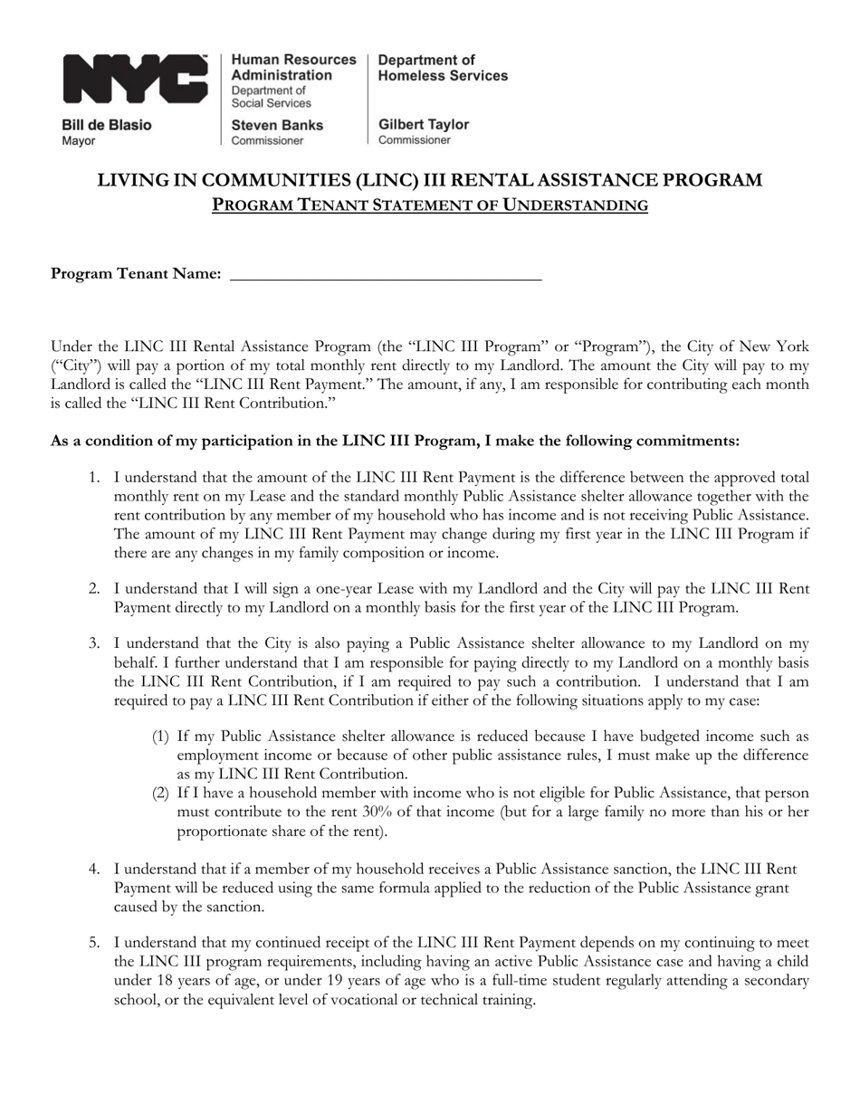 New York City Living in Communities (Linc) Iii Rental Assistance Program Program Tenant