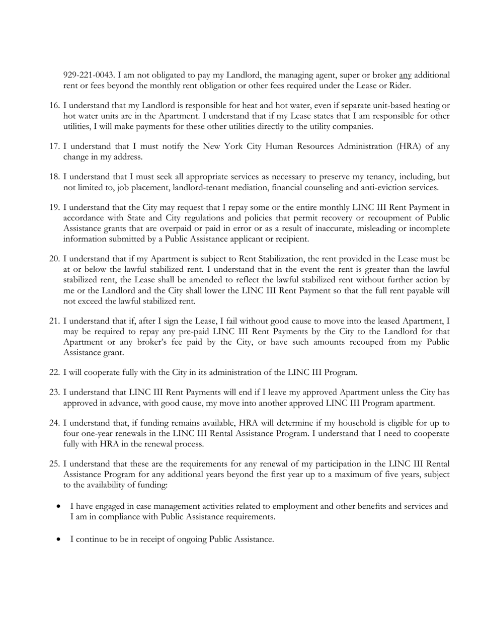 Living in Communities (Linc) Iii Rental Assistance Program Program Tenant Statement of Understanding - New York City, Page 3