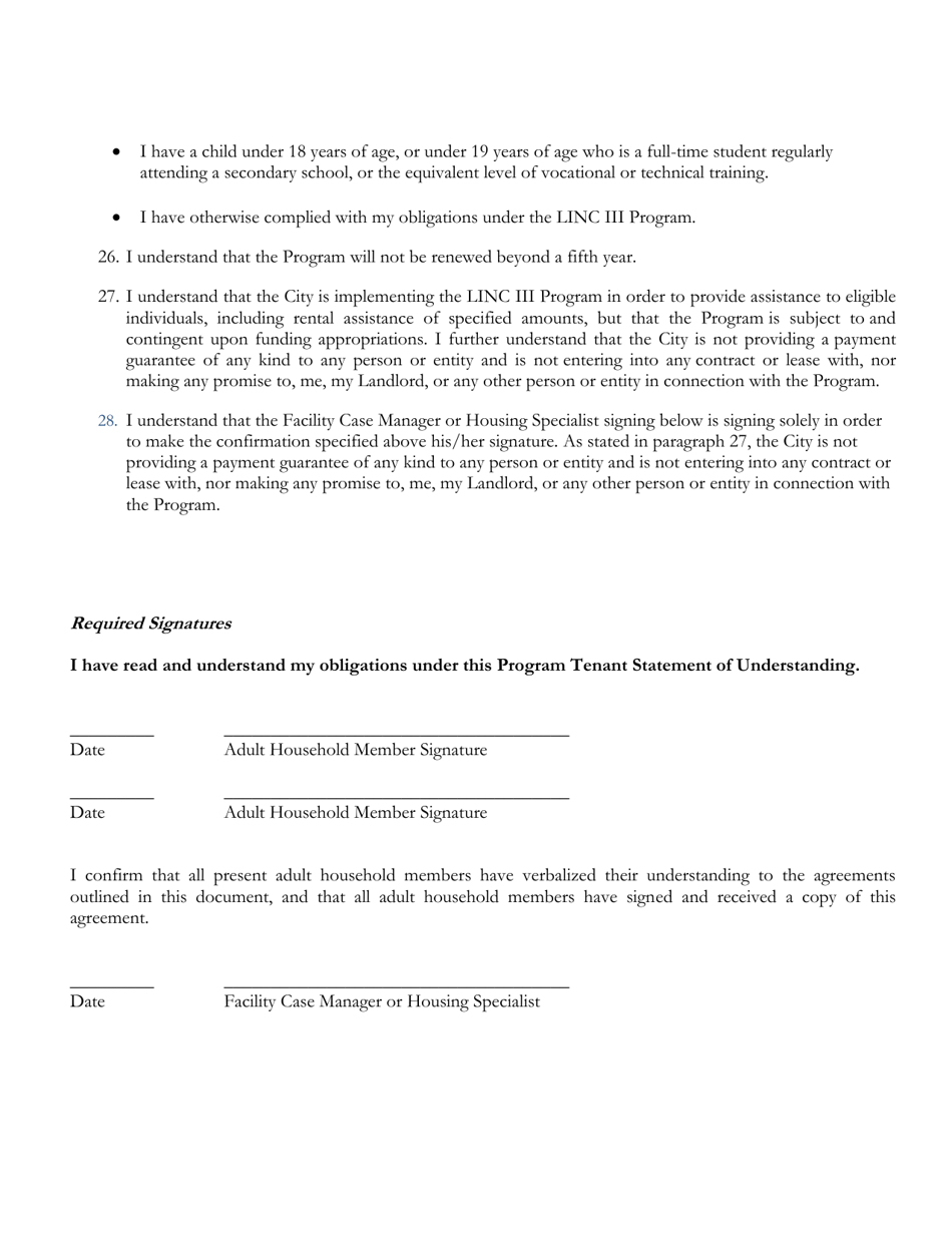 Living in Communities (Linc) Iii Rental Assistance Program Program Tenant Statement of Understanding - New York City, Page 4