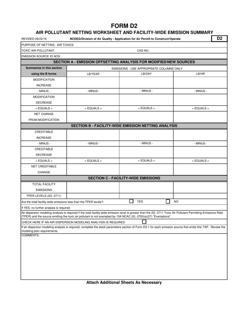 Form D2 Air Pollutant Netting Worksheet and Facility-Wide Emission Summary - North Carolina