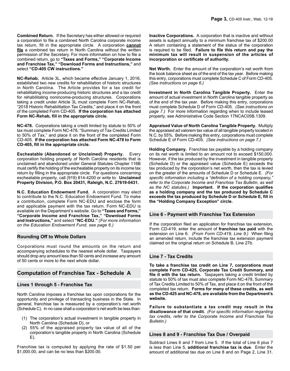 Instructions for Form CD-405 C-Corporation Tax Return - North Carolina, Page 3