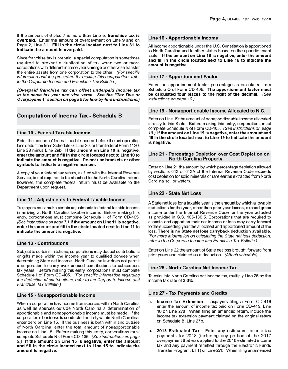 Instructions for Form CD-405 C-Corporation Tax Return - North Carolina, Page 4