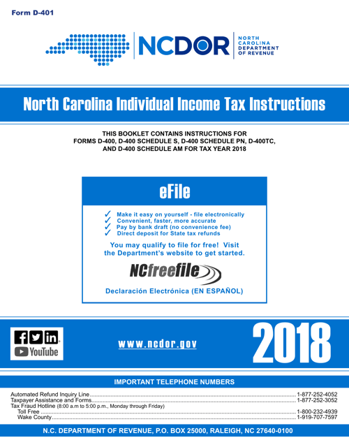 Instructions for Form D-400 Individual Income Tax Return - North Carolina, 2018