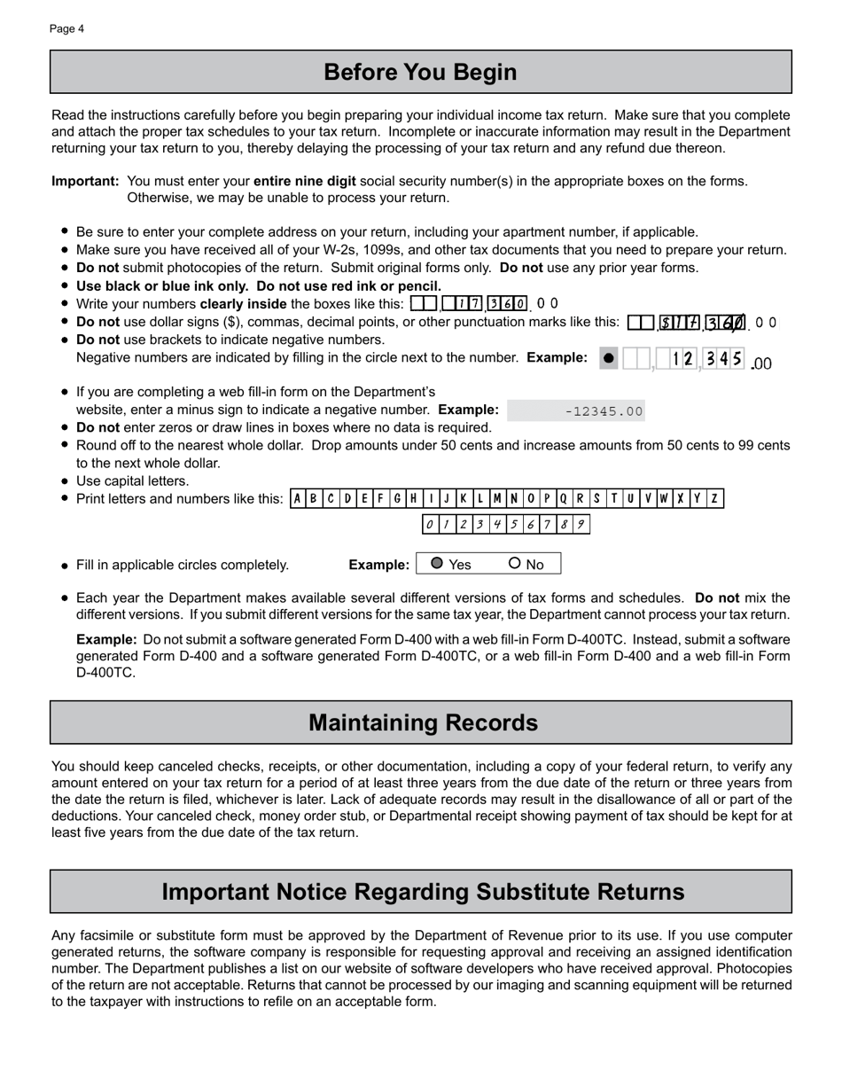 Download Instructions for Form D400 Individual Tax Return PDF