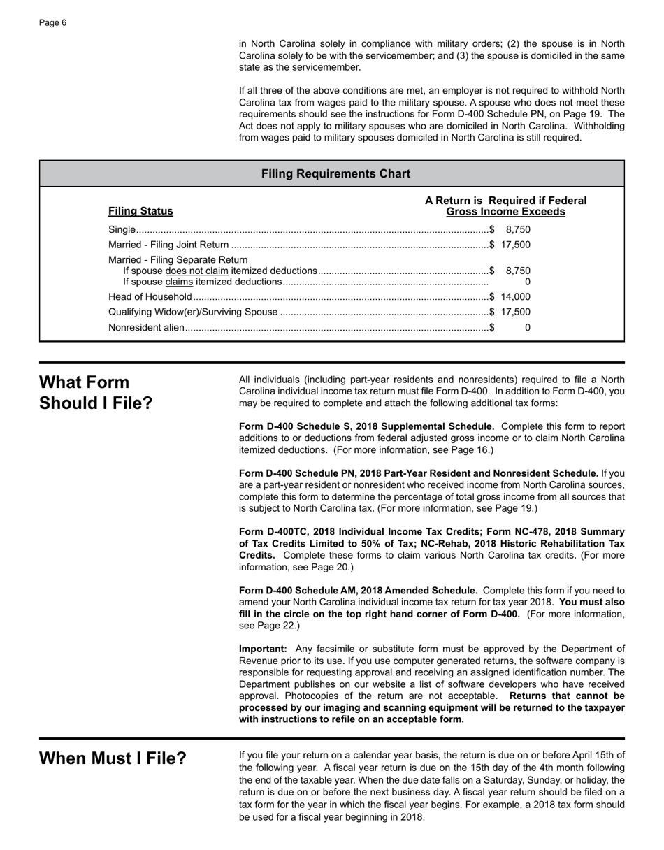 Instructions for Form D-400 Individual Income Tax Return - North Carolina, Page 6