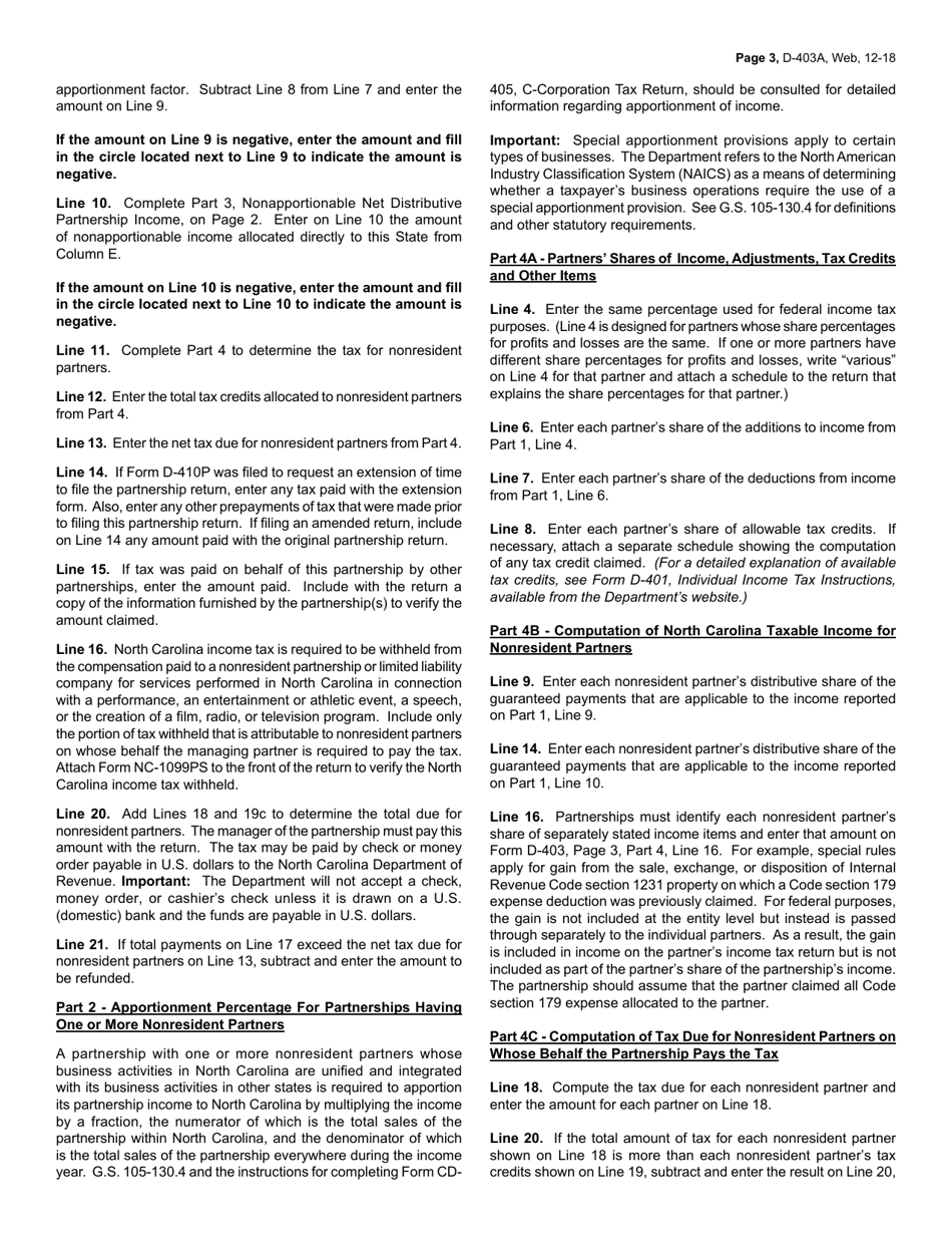 Instructions for Form D-403 Partnership Income Tax Return - North Carolina, Page 3