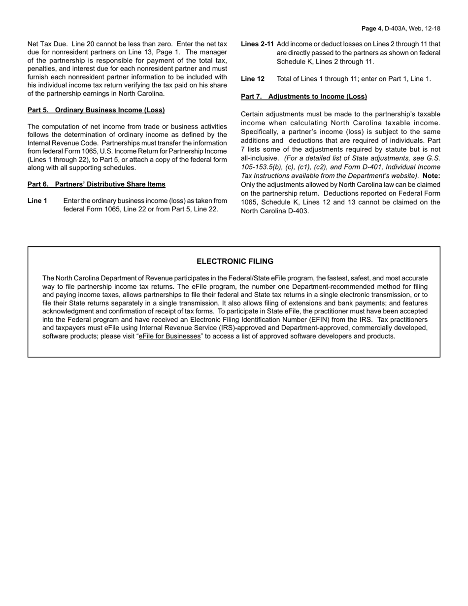 Instructions for Form D-403 Partnership Income Tax Return - North Carolina, Page 4
