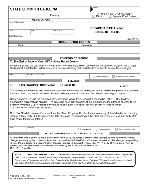 Form AOC-CR-211 Detainer Containing Notice of Rights - North Carolina