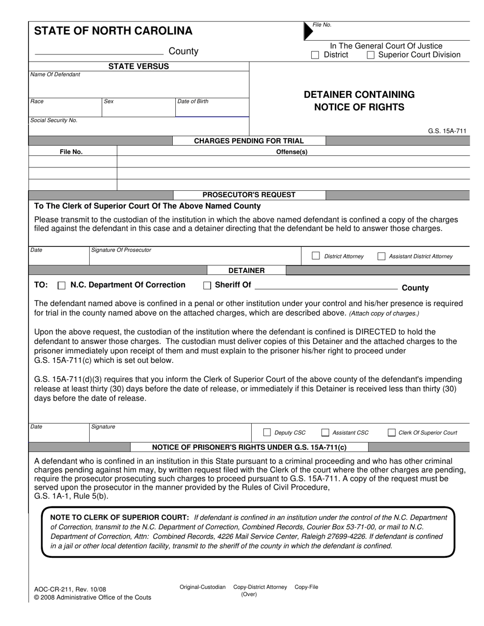 Form AOC-CR-211 Detainer Containing Notice of Rights - North Carolina, Page 1