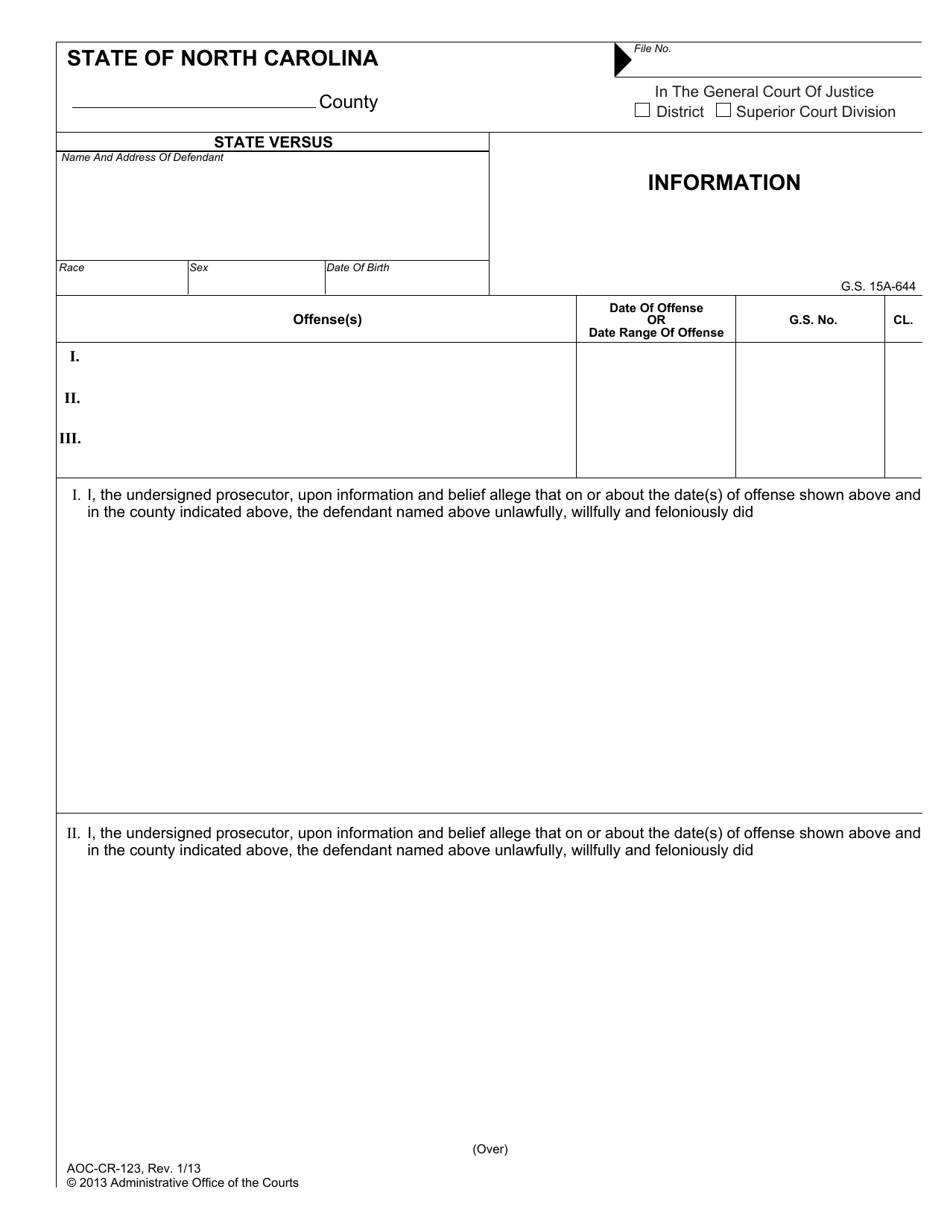 Form AOC-CR-123 Information - North Carolina, Page 1