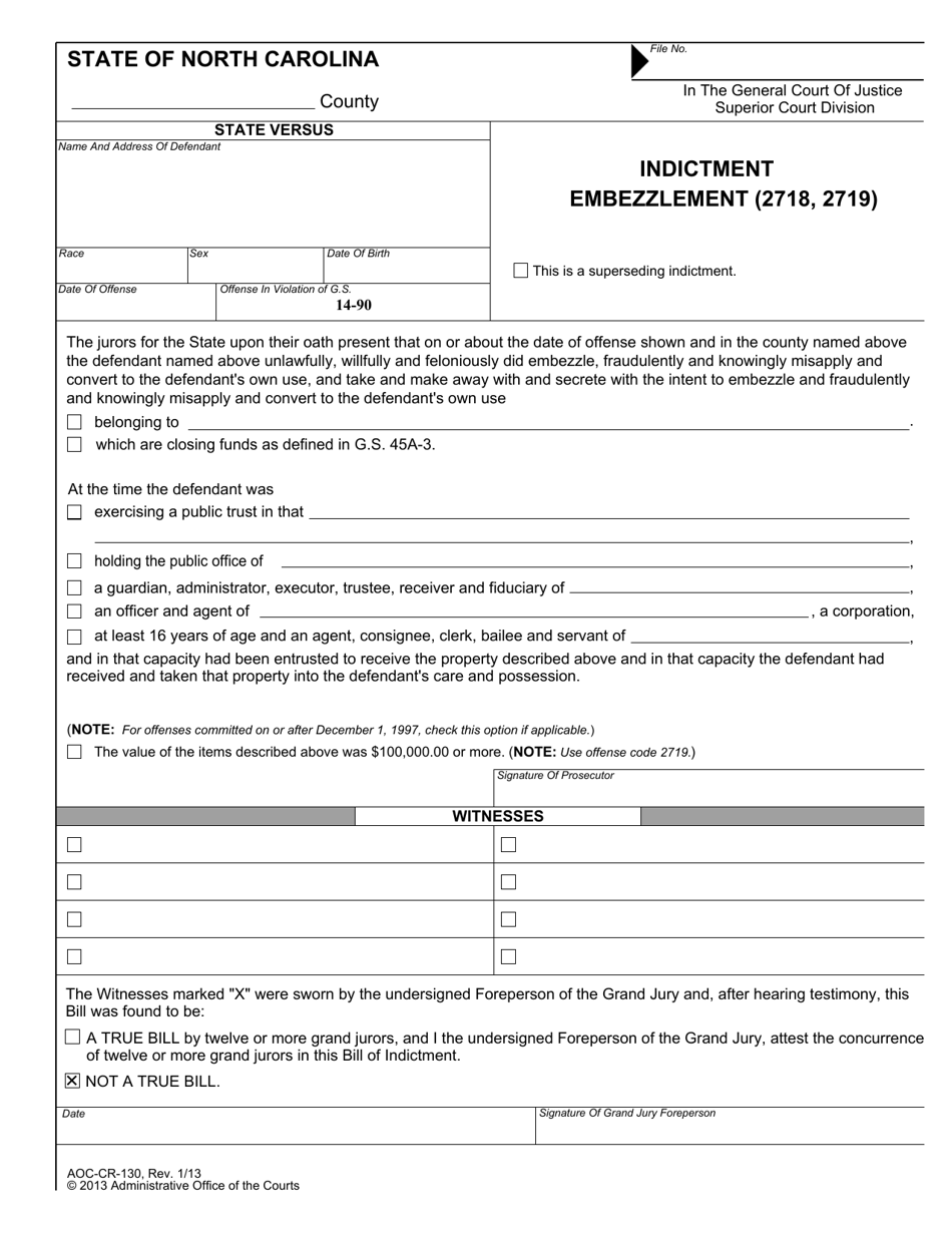 Form AOC-CR-130 Indictment Embezzlement (2718, 2719) - North Carolina, Page 1