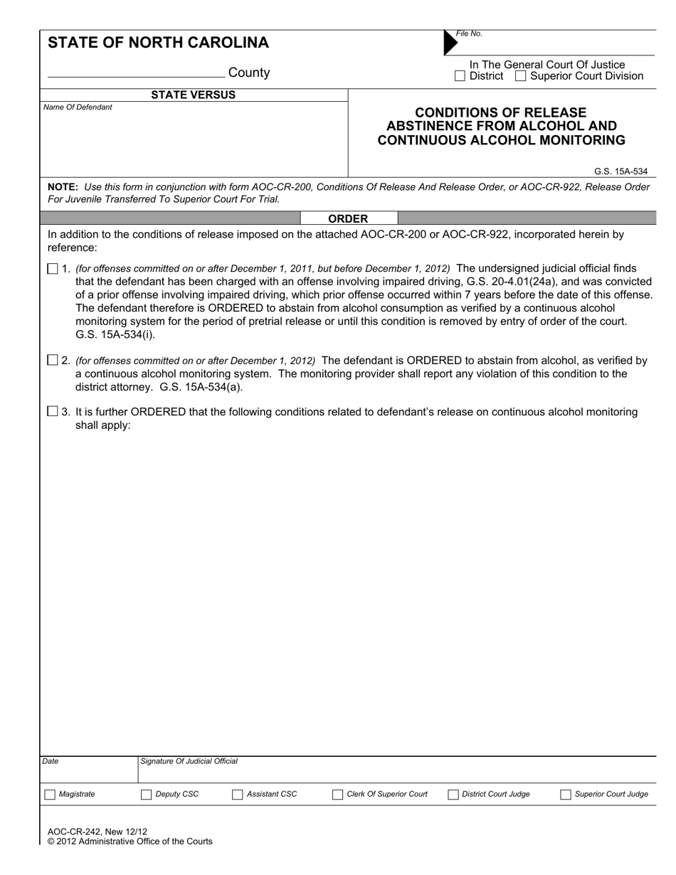 Form AOC-CR-242 Conditions of Release Abstinence From Alcohol and Continuous Alcohol Monitoring - North Carolina, Page 1
