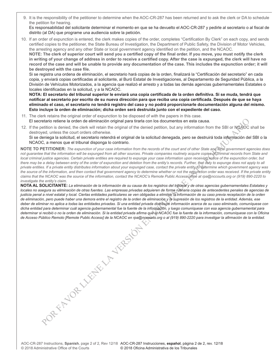 Instructions for Form AOC-CR-287 Petition and Order of Expunction Under G.s. 15a-146(A) and G.s. 15a-146(A1) (Charge(S) Dismissed) - North Carolina (English / Spanish), Page 2