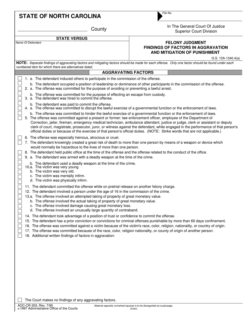 Form AOC-CR-303 Felony Judgment Findings of Factors in Aggravation and Mitigation of Punishment - North Carolina, Page 1