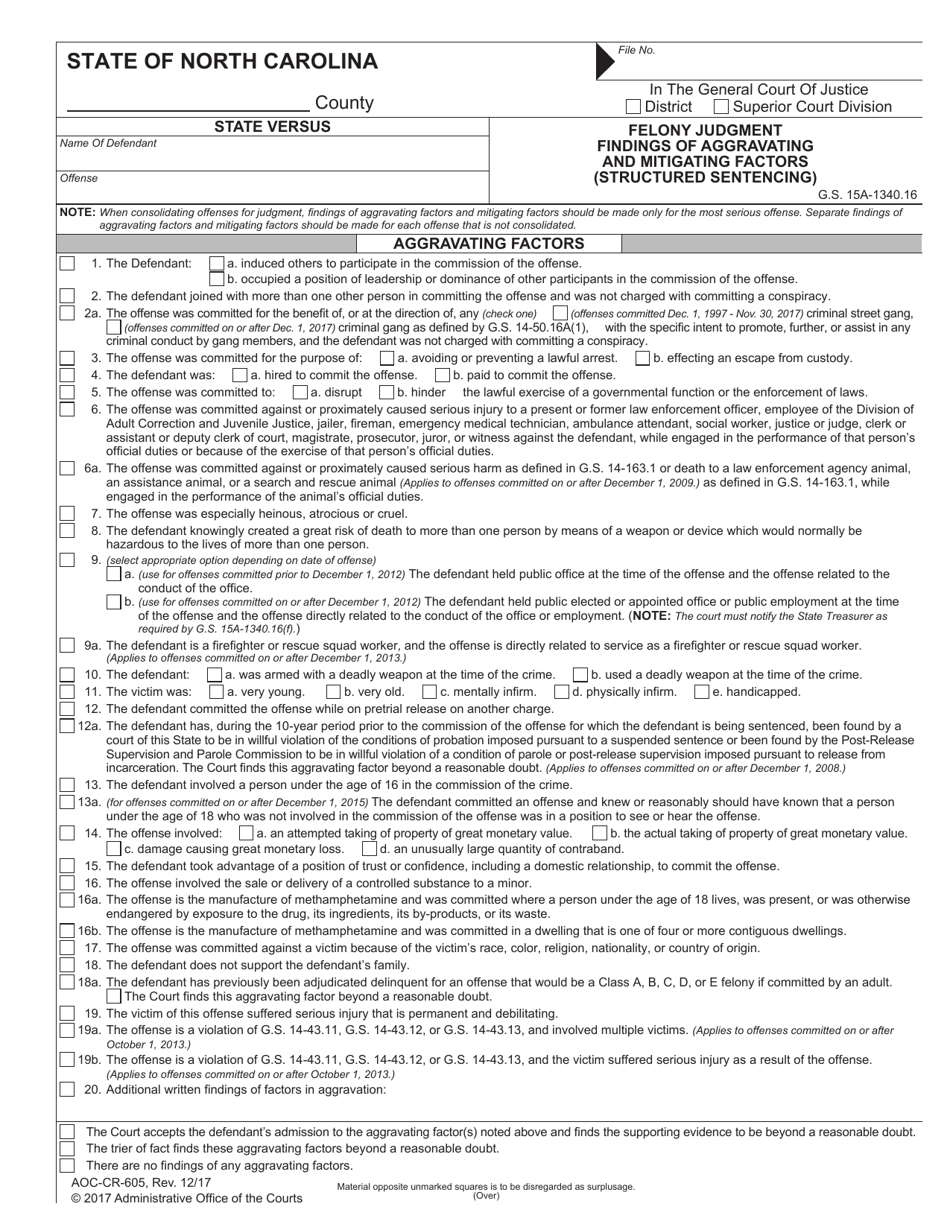 Form AOC-CR-605 Felony Judgment Findings of Aggravating and Mitigating Factors (Structured Sentencing) - North Carolina, Page 1