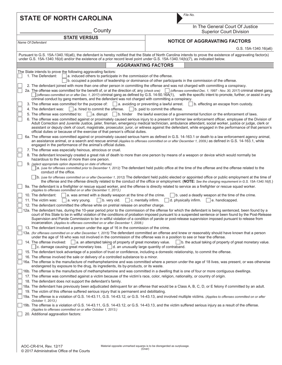 Form AOC-CR-614 Notice of Aggravating Factors - North Carolina, Page 1