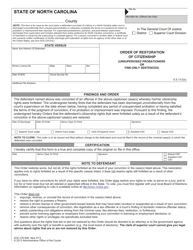 Document preview: Form AOC-CR-926 Order of Restoration of Citizenship (Unsupervised Probationers or Fine-Only Sentences) - North Carolina
