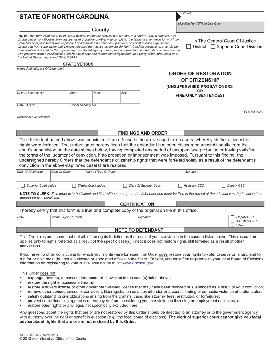 Form AOC-CR-926 Order of Restoration of Citizenship (Unsupervised Probationers or Fine-Only Sentences) - North Carolina, Page 1