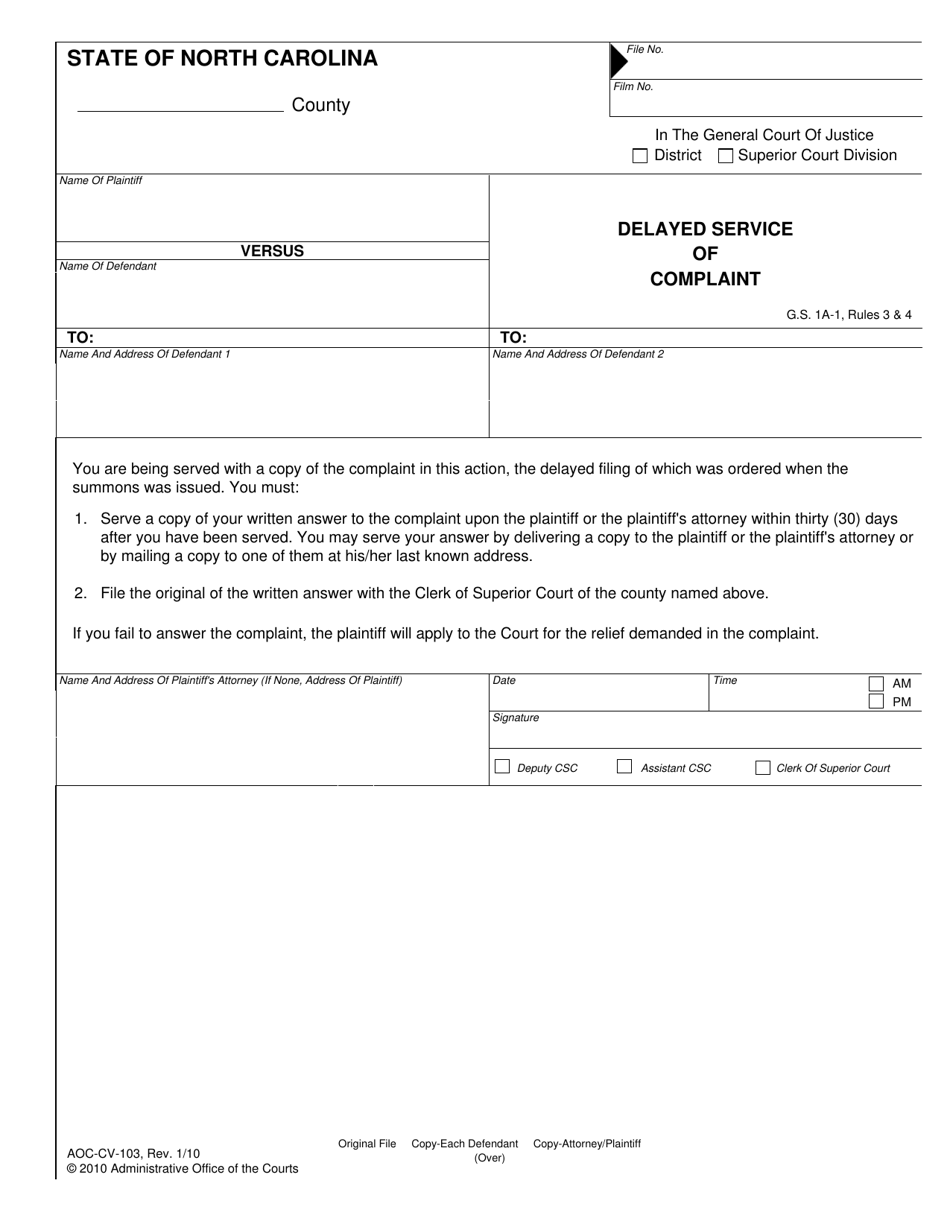 Form AOC-CV-103 Delayed Service of Complaint - North Carolina, Page 1