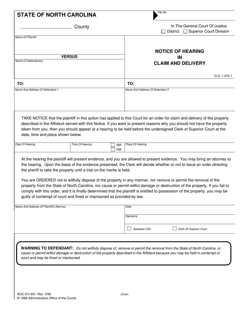 Form AOC-CV-201 Notice of Hearing in Claim and Delivery - North Carolina, Page 1
