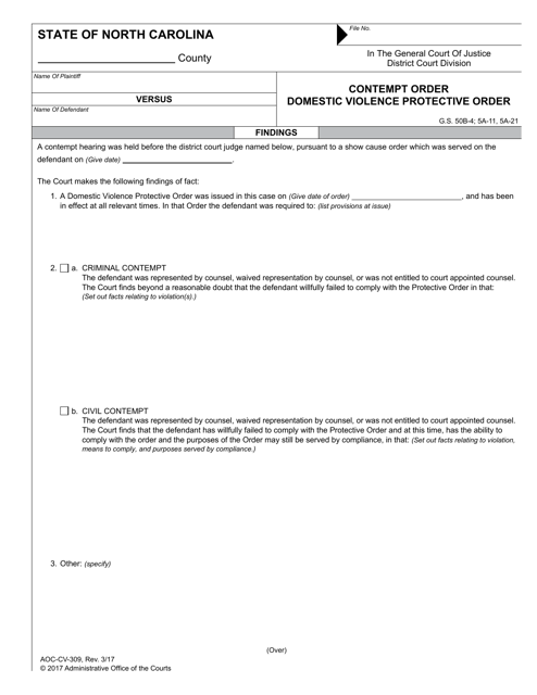 Form AOC-CV-309 Contempt Order Domestic Violence Protective Order - North Carolina