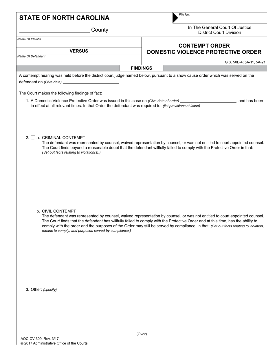Form AOC-CV-309 Contempt Order Domestic Violence Protective Order - North Carolina, Page 1