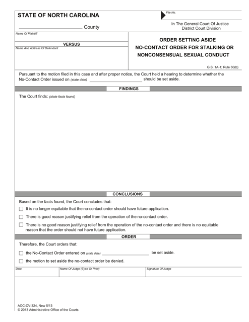 Form AOC-CV-324 Order Setting Aside No-Contact Order for Stalking or Nonconsensual Sexual Conduct - North Carolina