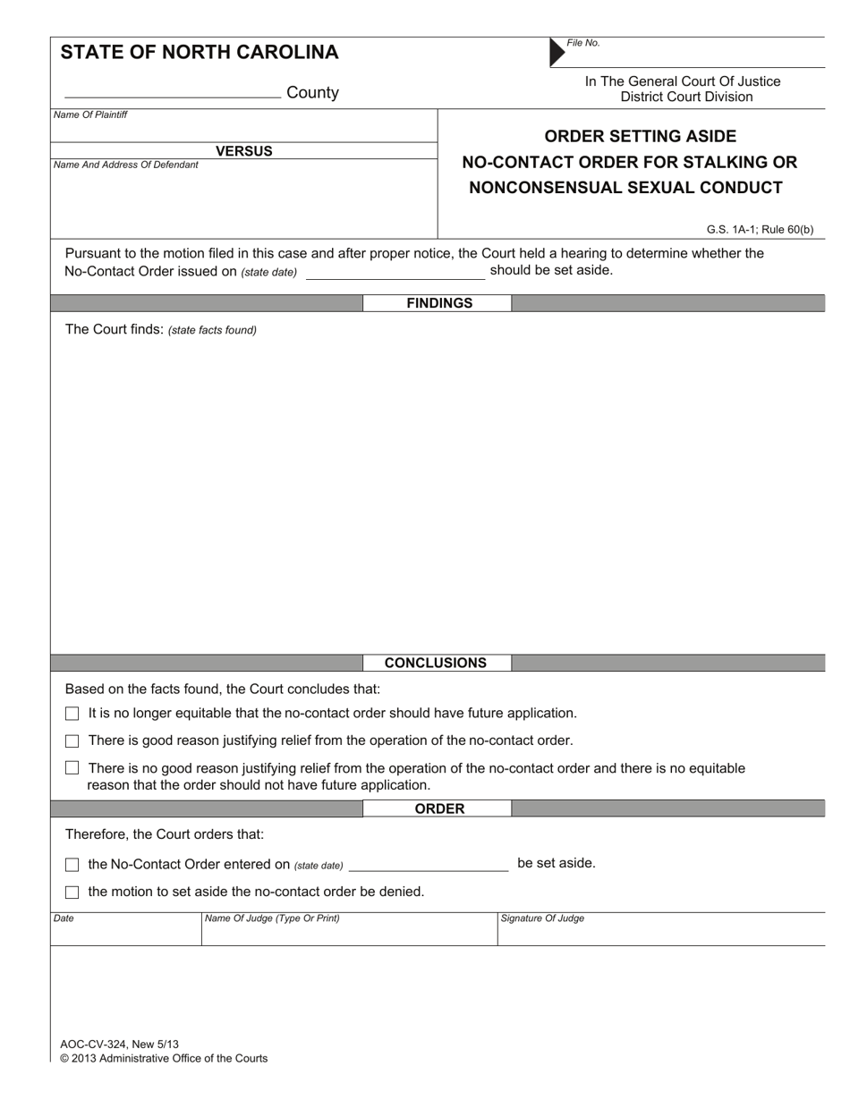 Form AOC-CV-324 Order Setting Aside No-Contact Order for Stalking or Nonconsensual Sexual Conduct - North Carolina, Page 1