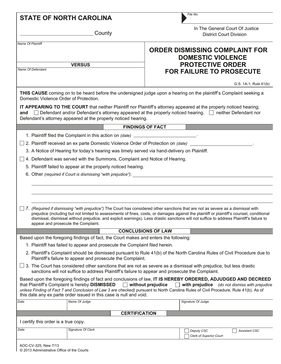 Form AOC-CV-325 Order Dismissing Complaint for Domestic Violence Protective Order for Failure to Prosecute - North Carolina, Page 1