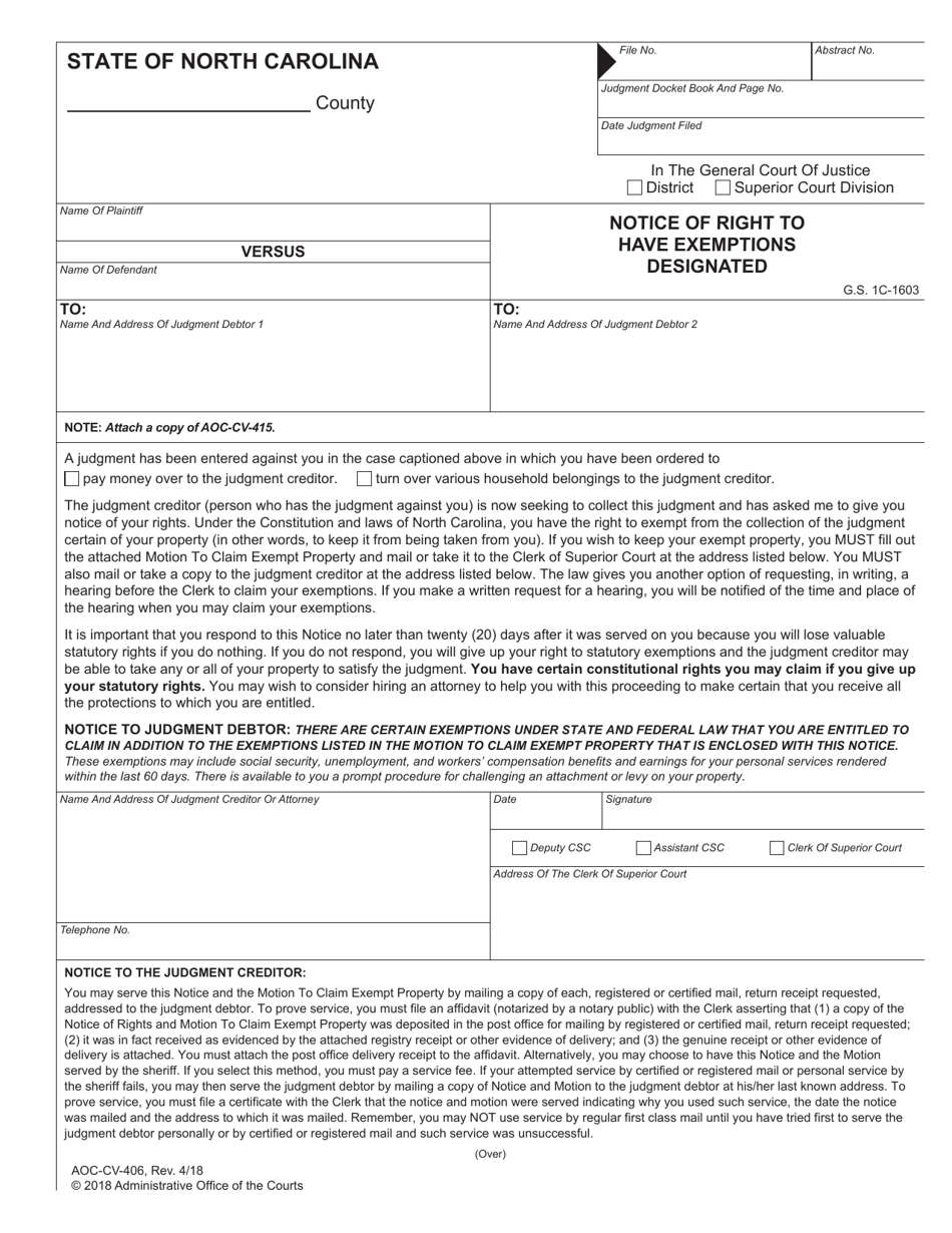 Form AOC-CV-406 Notice of Right to Have Exemptions Designated - North Carolina, Page 1
