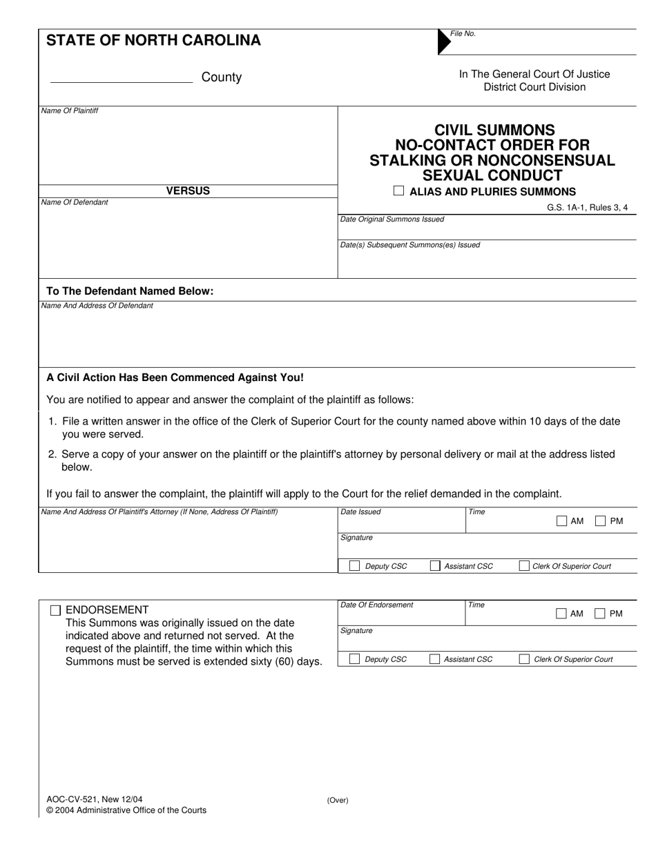 Form AOC-CV-521 Civil Summons No-Contact Order for Stalking or Nonconsensual Sexual Conduct - North Carolina, Page 1