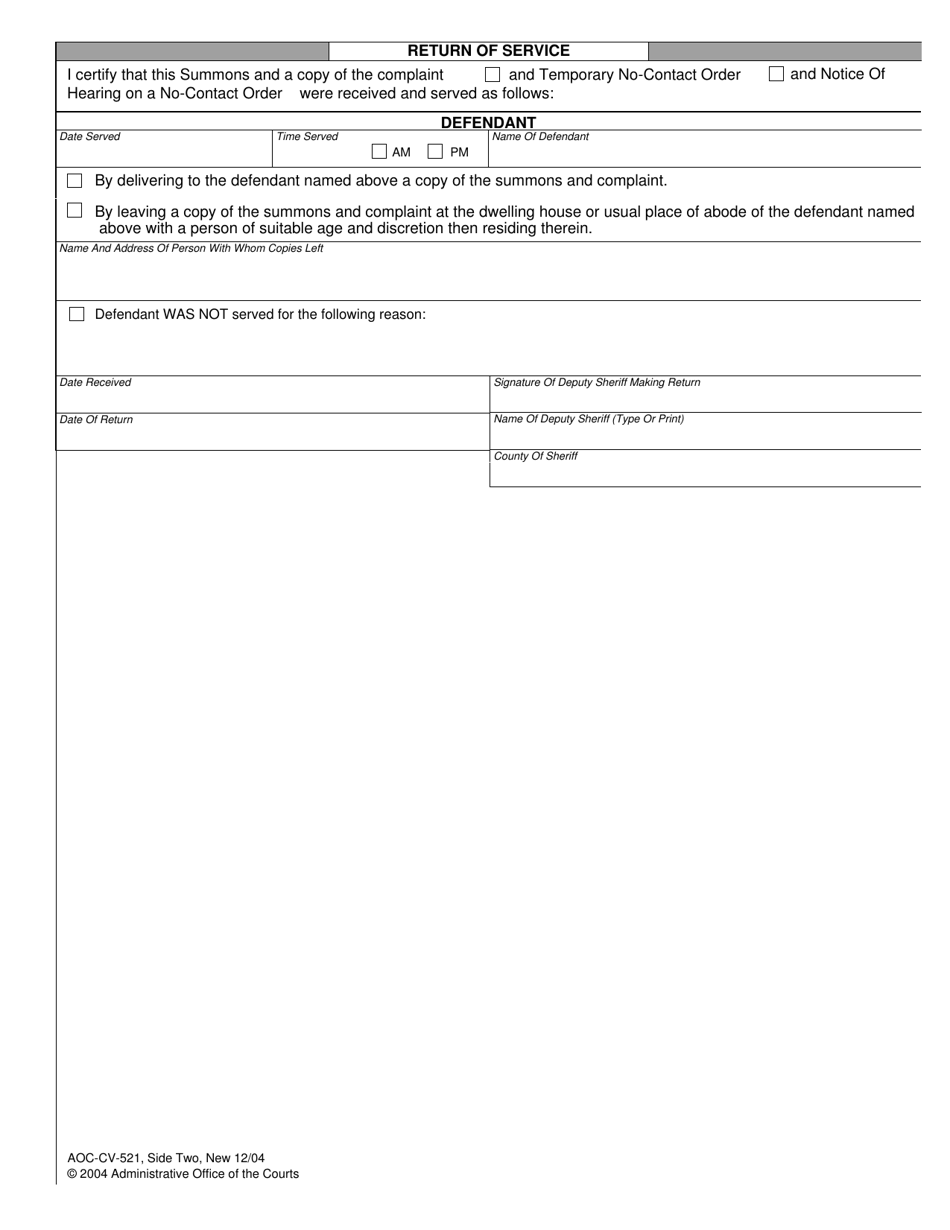 Form AOC-CV-521 Civil Summons No-Contact Order for Stalking or Nonconsensual Sexual Conduct - North Carolina, Page 2