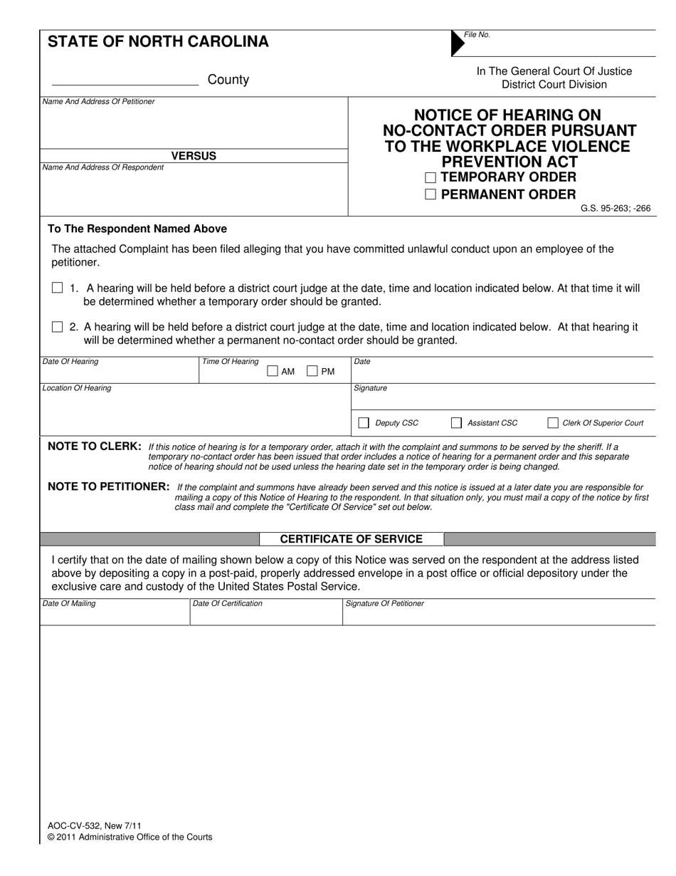 Form AOC-CV-532 Notice of Hearing on No-Contact Order Pursuant to the Workplace Violence Prevention Act - North Carolina, Page 1