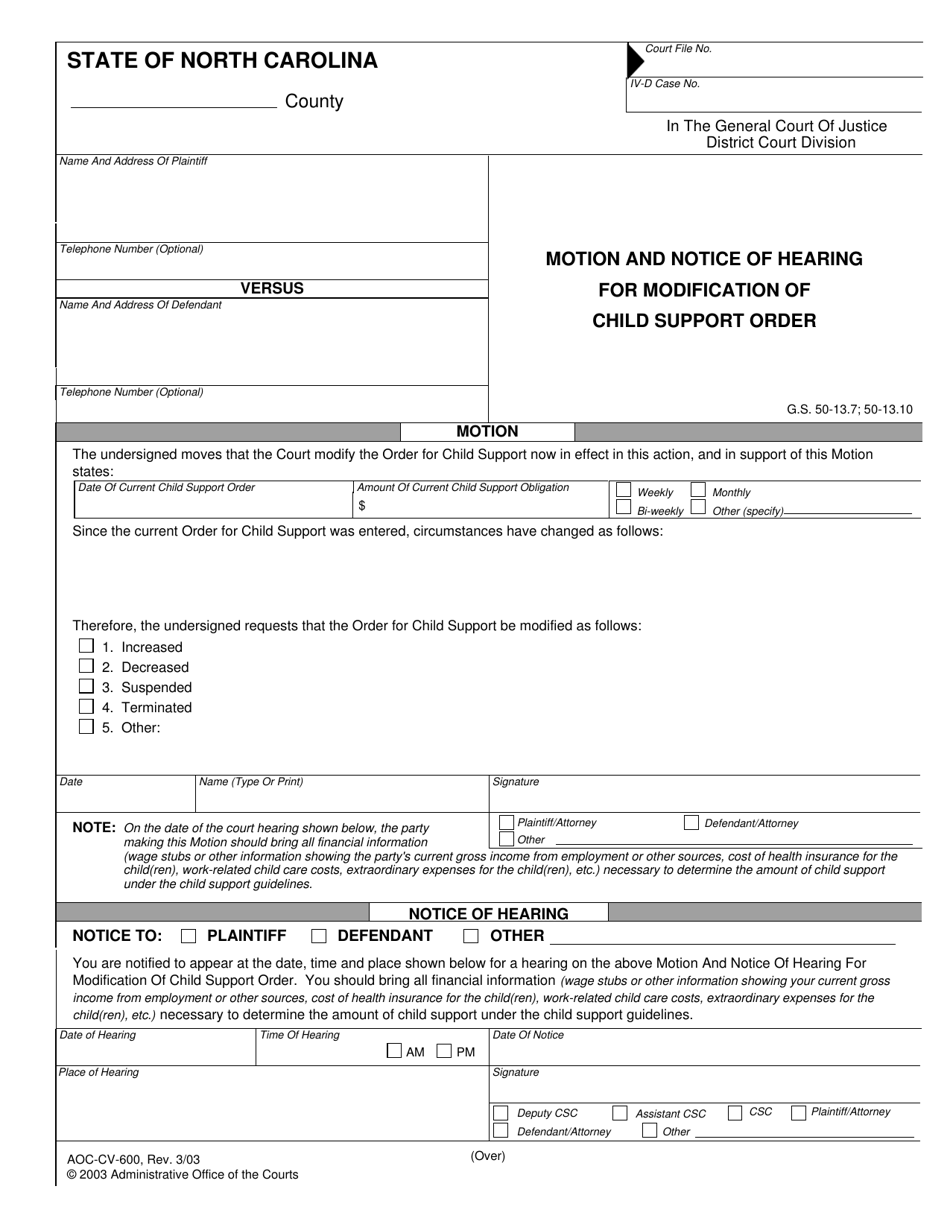 Form AOC-CV-600 Motion and Notice of Hearing for Modification of Child Support Order - North Carolina, Page 1