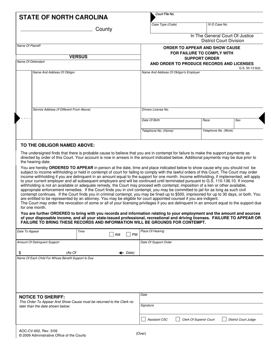 Form AOC-CV-602 Order to Appear and Show Cause for Failure to Comply With Support Order and Order to Produce Records and Licenses - North Carolina, Page 1