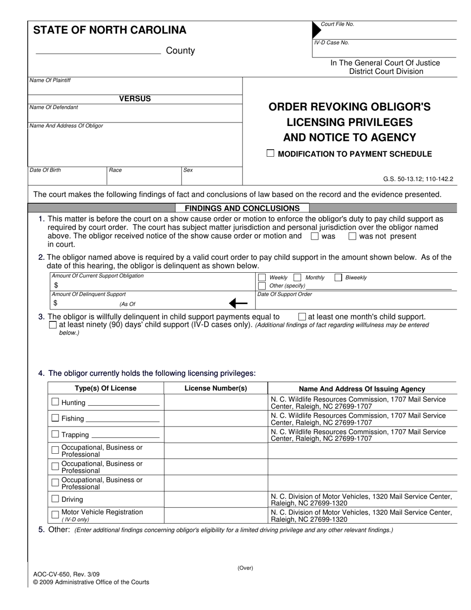 Form AOC-CV-650 Order Revoking Obligor's Licensing Privileges and Notice to Agency - North Carolina, Page 1