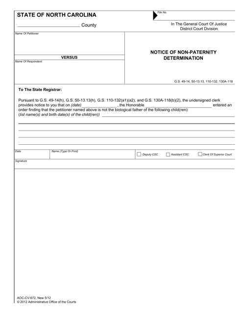 Form AOC-CV-672 Notice of Non-paternity Determination - North Carolina