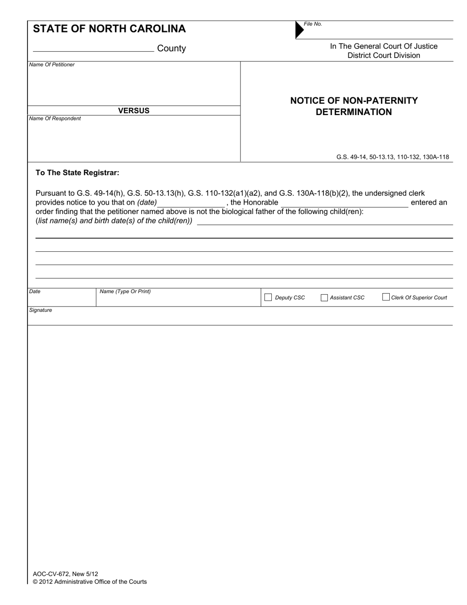 Form AOC-CV-672 Notice of Non-paternity Determination - North Carolina, Page 1