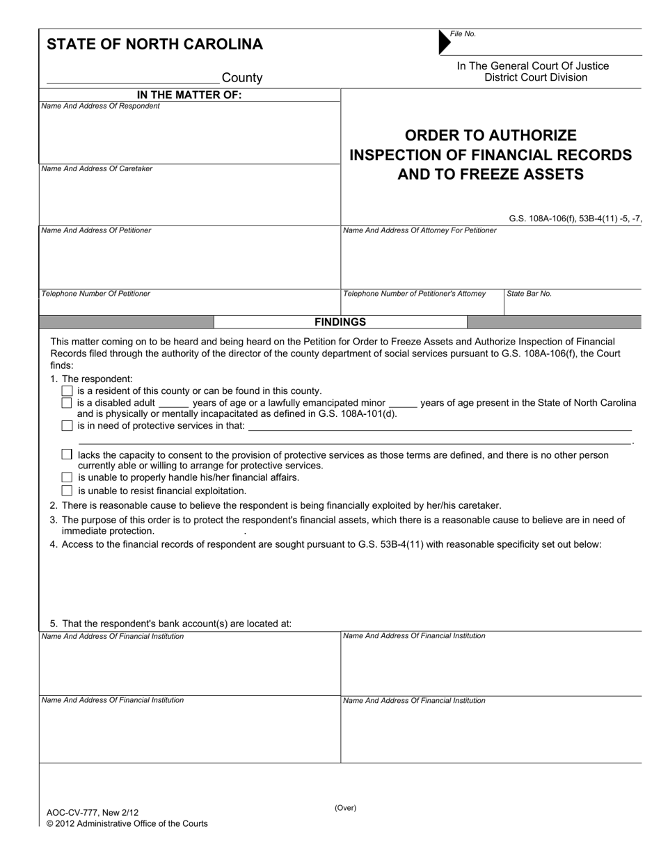 Form AOC-CV-777 Order to Authorize Inspection of Financial Records and to Freeze Assets - North Carolina, Page 1