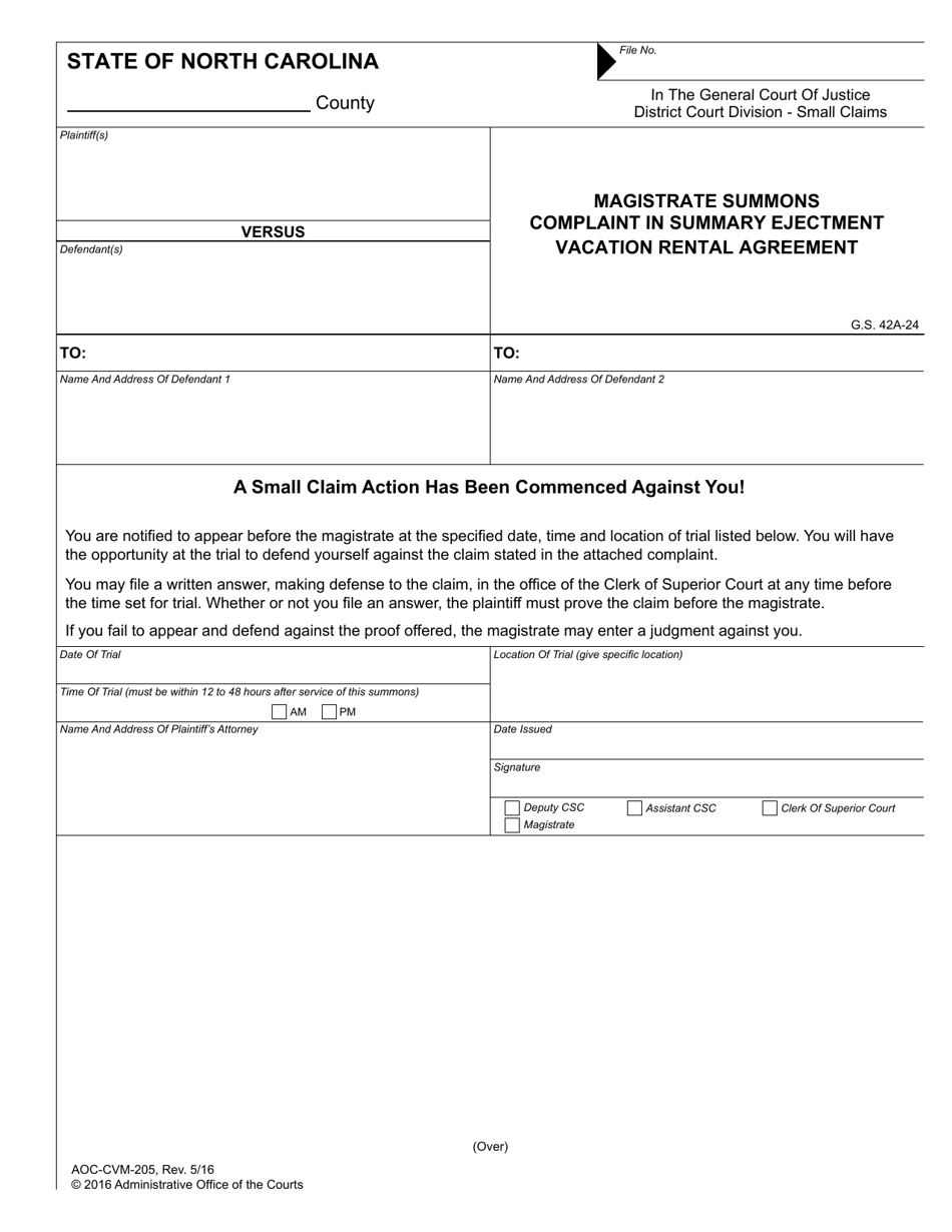 Form AOC-CVM-205 Magistrate Summons Complaint in Summary Ejectment Vacation Rental Agreement - North Carolina, Page 1
