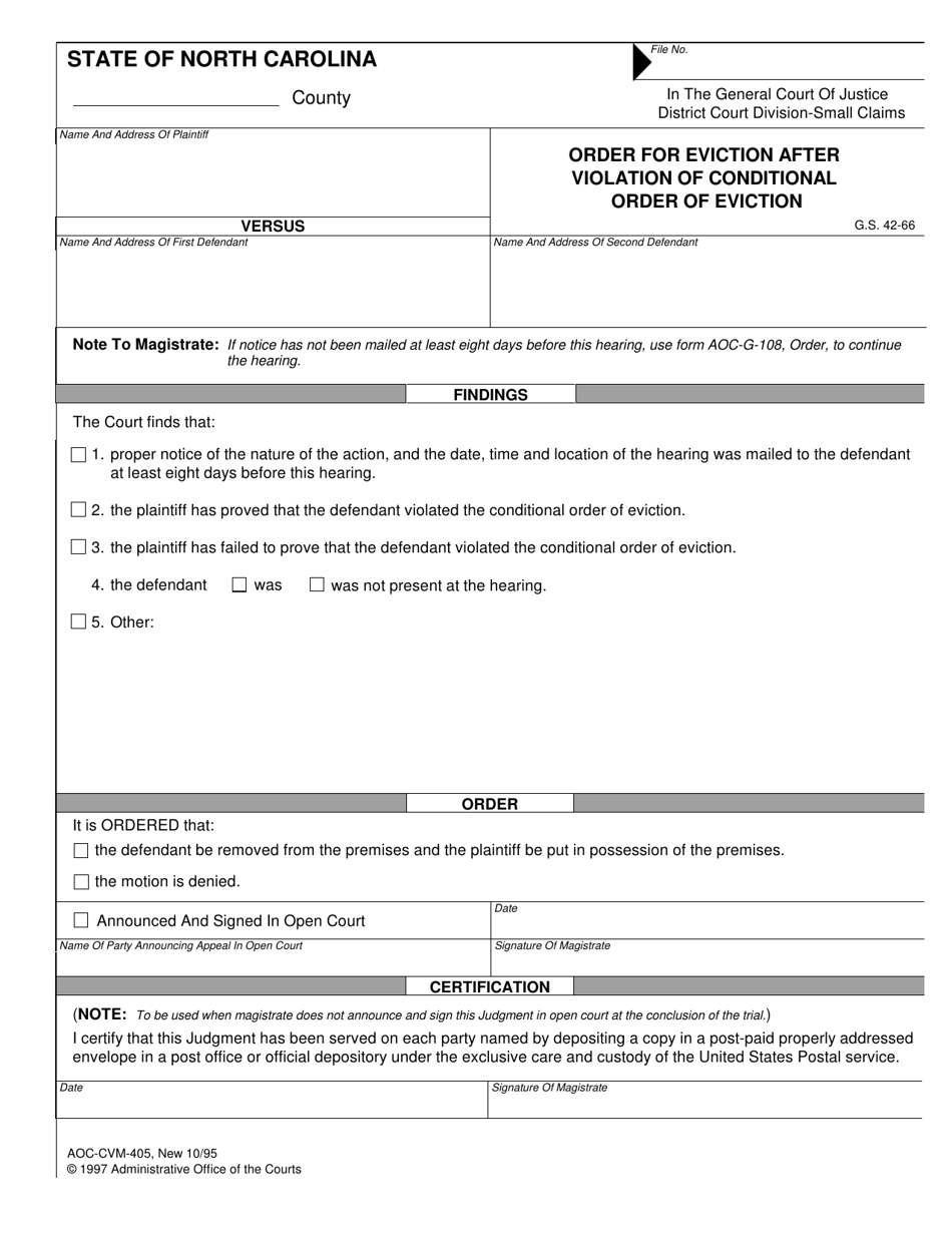 Form AOC-CVM-405 Order for Eviction After Violation of Conditional Order of Eviction - North Carolina, Page 1