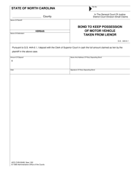 Document preview: Form AOC-CVM-904M Bond to Keep Possession of Motor Vehicle Taken From Lienor - North Carolina