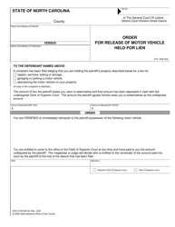 Document preview: Form AOC-CVM-901M Order for Release of Motor Vehicle Held for Lien - North Carolina