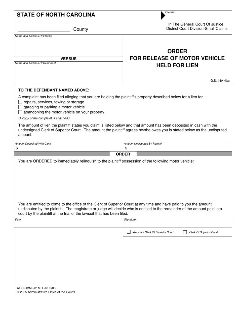 Form AOC-CVM-901M Order for Release of Motor Vehicle Held for Lien - North Carolina, Page 1