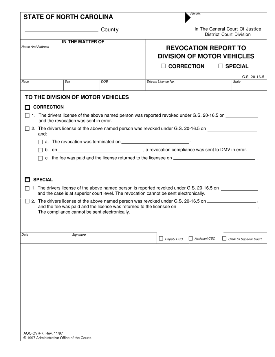 Form AOC-CVR-7 Revocation Report to Division of Motor Vehicles - North Carolina, Page 1