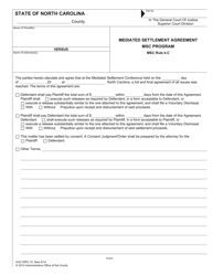 Form AOC-DRC-15 Mediated Settlement Agreement - Msc Program (Msc Rule 4.c) - North Carolina