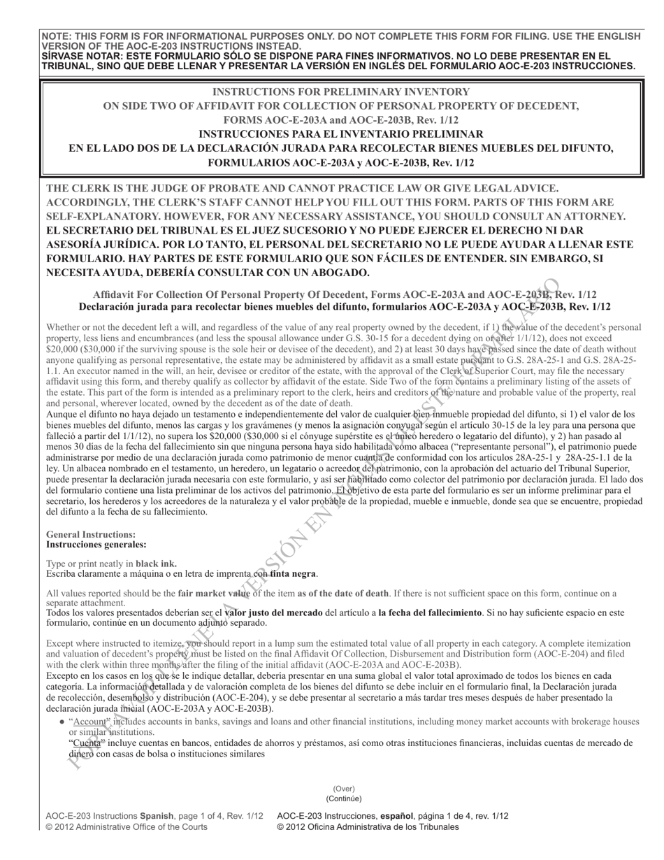 Instructions for Form AOC-E-203A, AOC-E-203B - North Carolina (English / Spanish), Page 1