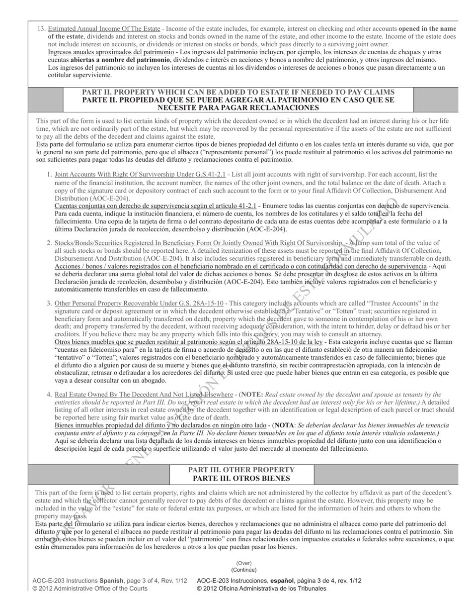 Instructions for Form AOC-E-203A, AOC-E-203B - North Carolina (English / Spanish), Page 3