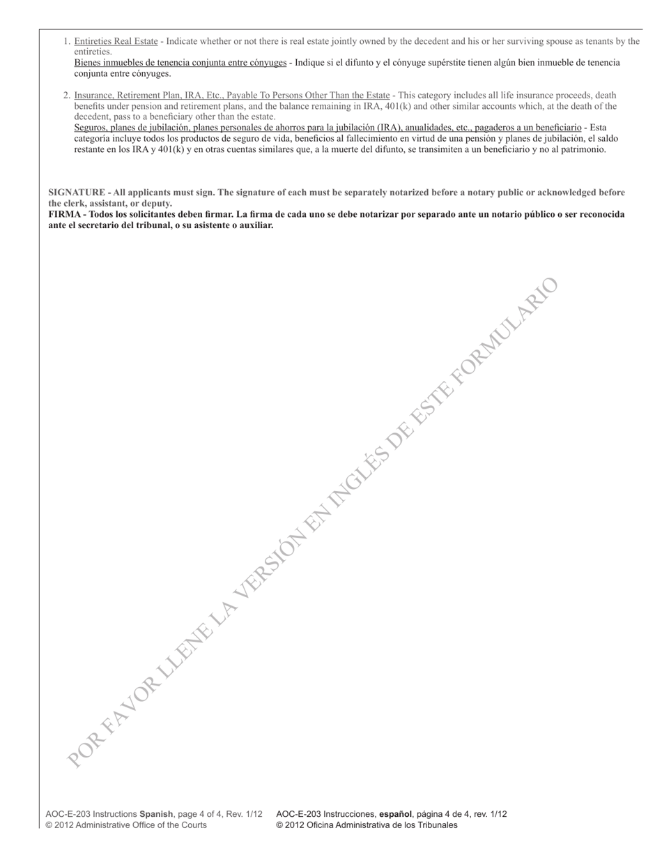 Instructions for Form AOC-E-203A, AOC-E-203B - North Carolina (English / Spanish), Page 4